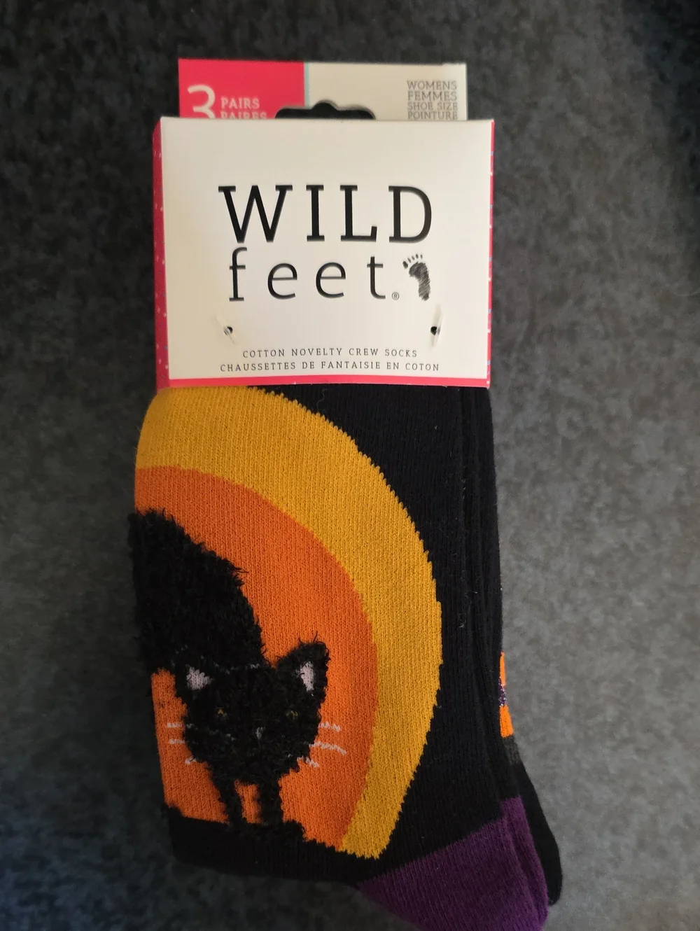 3 Pack Halloween Crew Socks - Black with Orange & Purple Accents